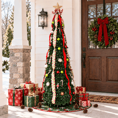 6FT Pop Up Whimsical Christmas Tree, Collapsible Foldable Christmas Tree Pull Up Fully Decorated Xmas Trees with Red Green Ornaments Set for Indoor Outdoor Home Xmas Holiday Party Decor