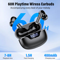 Wireless Earbuds Bluetooth 5.4 Headphones, Deep Bass Loud Clear Sound with Noise Cancelling Mic, LED Display 60H Playing Time in-Ear Headphones with Wireless Charging Case for iPhone Android, Black